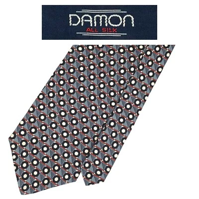 Corbata Gris Damon - Negro Blanco Rojo Círculos Cuadrados Geométrica Vintage 100% Seda Corbata Foto 1 de 4