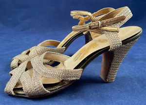 Vintage Hannahson's Footwear Gold Lame Woven Mesh Ankle Strap Shoes 1940s Heels - Picture 1 of 4