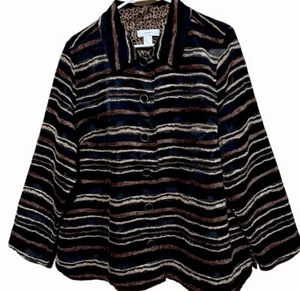 CJ Banks Jacket 1X Brown Chenille Striped Button Down Blazer Shacket Layering - Picture 1 of 7