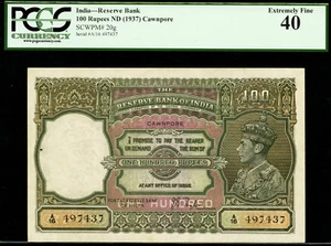 British India 100 Rupees Taylor ND (1937) CAWNPORE Pick-20g Extra Fine PCGS 40 - Picture 1 of 2