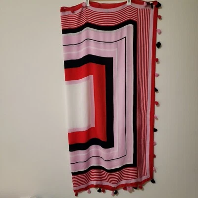 Ann Taylor Scarf Wrap 46"x49" Red Black Pink White Viscose Tassels Geometric — 第 1/4 张图片