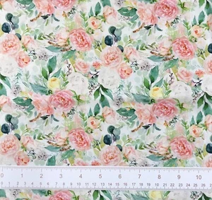 Romantic Roses Pink on White Cotton Quilting Fabric Fat Quarters - Picture 1 of 1