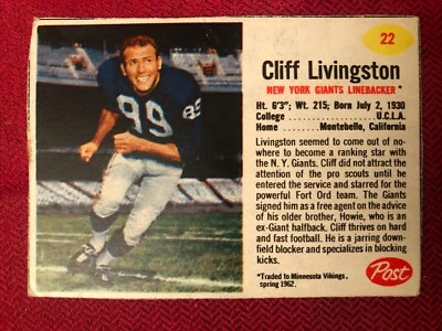 1962 Post Football #22 Cliff Livingston, New York Giants - Image 1 of 2