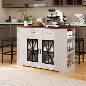 Large Kitchen Island w/ Storage Drop Leaf & 2 Bar Stools Portable Islands Table - Picture 1 of 10