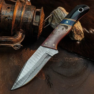 Cuchillo Damasco/Acero 8.4" Listo para Regalo Full Tang Hunt it Hunt + Funda de Cuero Foto 1 de 4