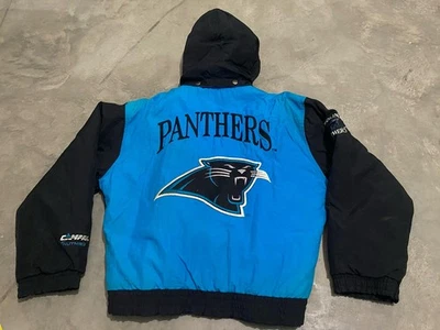 Jaqueta acolchoada vintage anos 90 Carolina Panthers noz-moscada com capuz quarto de zíper tamanho grande - Imagem 1 de 4