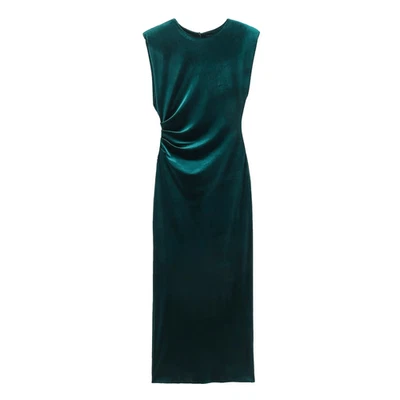 Zara Womens Green Velvet Sleeveless Draped Crewneck Slit Back Maxi Dress Size XS - Image 1 of 4