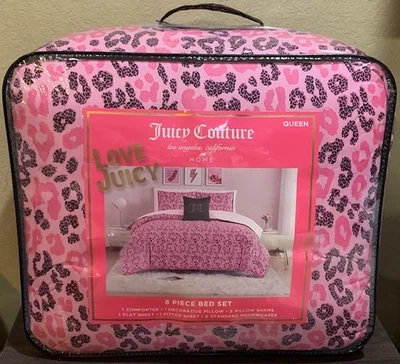 Juicy Couture Pink/Black Leopard 8pc QUEEN Bed Set Comforter,Shams,Sheets,Pillow - Image 1 of 4