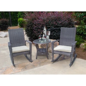Bayview Dark Roast Outdoor Wicker Rocking Chair Set Driftwood 3-Piece Sets - Picture 1 of 5