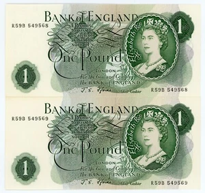 Great Britain .. P-374f .. 1 Pound .. ND(1966/70) .. Choice*AU*Consecutive pair. - Picture 1 of 2