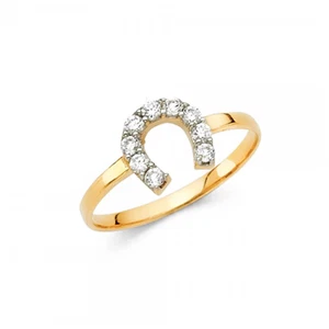 14K Solid Yellow Gold Cubic Zirconia Horseshoe Ring - Good Luck Band Women Men - Picture 1 of 1