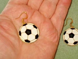 1 5/8" Drop Dangle Large 1" Soccer Ball Gold Plated Hook Earrings - Picture 1 of 5
