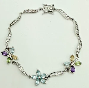 DL Sterling Silver 925 Multi Gemstone Butterfly Flower Bracelet Safety Clasp - Picture 1 of 7