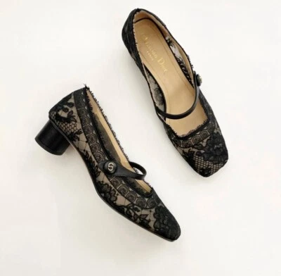 $1290 CHRISTIAN DIOR D-GRACE BALLET PUMP MARY JANE BLACK FLORAL ROSE LACE 35.5 6 - Image 1 of 4