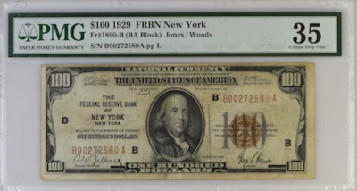 FR#1890-B 1929 PMG FRBN NY 100$ (BA Block) Jones/Woods 30 VERY FINE - Image 1 of 2