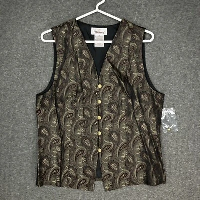 Vintage 90s Worthington Vest Women's 12 Paisley Print Gold Metallic Button Front - Image 1 of 4