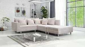 Wohnlandschaft Sofa Couch Ecksofa Eckcouch Cordstoff beige + Hocker Minsk R - Bild 1 von 8