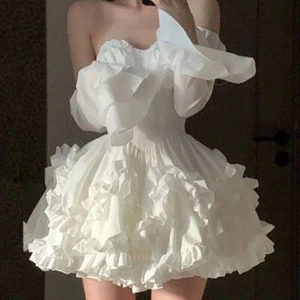 Korean Style Women Sweet White Bandeau Dress High Waist Princess Dress Party - Picture 1 of 15