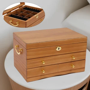 3 Tier Wooden Jewelry Box, Organizer With Lock, Vintage Style Storage Box - Picture 1 of 24