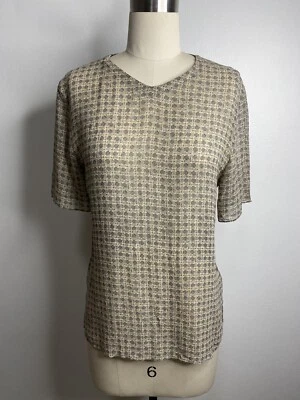 Винтажный 90-х Anne Klein размер 4 S 100% шелк клетку креп блузка с коротким рукавом Топ серый - Изображение 1 из 4