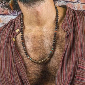 Men's Retro Vintage Jewelry Wooded Necklace Handmade Surfer Bead Choker Necklace - Picture 1 of 4