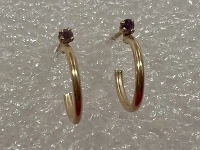 PENDIENTES SEMI ARO FLEXIBLES AMATISTA HUECA ORO AMARILLO MACIZO 14K VINTAGE 0,45 g Foto 1 de 4