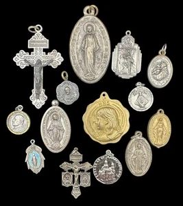14 Vintage/Antique Religious Medals Charms Catholic Pardon Cross Some Sterling - Picture 1 of 6