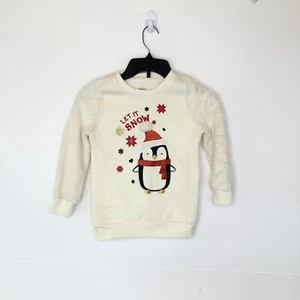 Girls Sweater Size 6 CreamPullover Let It Snow Penguin Christmas Sleeve Fur - Picture 1 of 9