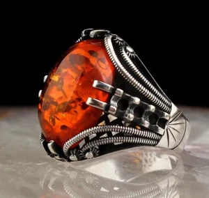 Men's Natural Ring 925 Sterling Silver Ring Men's Jewelry Amber Stone Jewelry - Picture 1 of 2