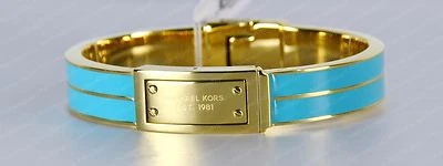 Michael Kors Bracelet Logo Plaque Hinged Bangle Enamel Turquoise Gold Stainless - Image 1 of 4