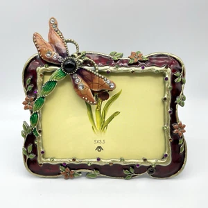 Ashleigh Manor Enameled Pewter Photo Picture Frame Jeweled Dragonfly & Flowers - Picture 1 of 7