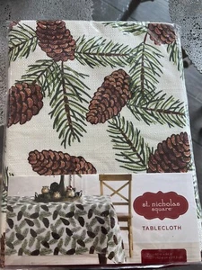 St Nicholas Square: Oblong Christmas Winter Pine Cone Tablecloth,  60" X 84” - Picture 1 of 8