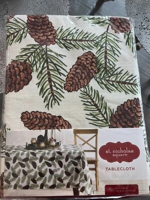 St Nicholas Square: Oblong Christmas Winter Pine Cone Tablecloth,  60" X 84” - Image 1 of 4