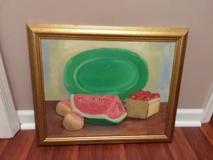 Vintage Still Life Oil Painting Watermelon Strawberries Peach's Signed Framed  - Picture 1 of 7