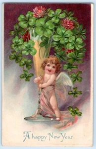 1908 HAPPY NEW YEAR CHERUB CHAMPAGNE FLUTE SHAMROCKS POSTCARD #2 - Picture 1 of 2