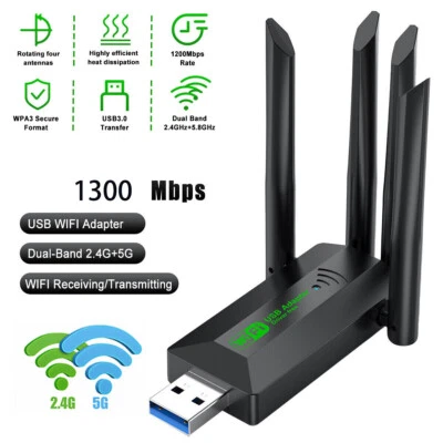 Adattatore WIFI WIFI USB 3.0 Stick 1300Mbps Dual Band Dongle 4 Antenne per PC KG - Immagine 1 di 4