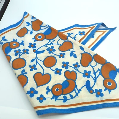 Lenço vintage Camp Cejwin azul, pássaros marrons algodão tringle - Imagem 1 de 4