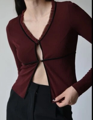 VINTAGE Betsey JOHNSON CARDIGAN sweater w/BUTTONS maroon BLACK size: MEDIUM EUC! - Image 1 of 4