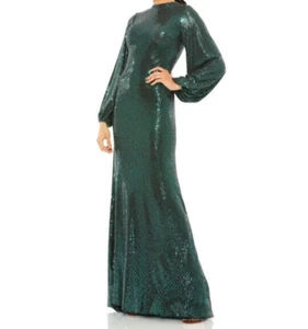 Mac Duggal Leena Gown 6 Green Sequins Disco Stretch Blouson Sleeve 26576 New - Picture 1 of 13