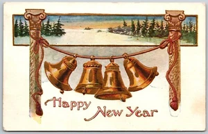 Postcard Happy New Year Bells on Pillars Gilt - Picture 1 of 2