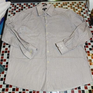 Claiborne Dress Shirt 18 34 FITTED Long Sleeve BROWN WHITE Striped Wrinkle Free - Picture 1 of 10
