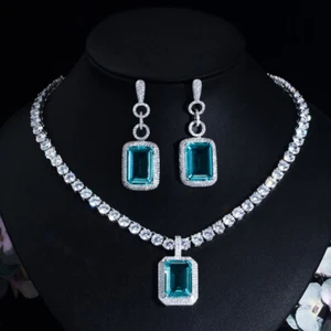 Conjunto de joyas cuadradas redondas de tenis colgantes pendientes plateados circonita cúbica azul - Imagen 1 de 12