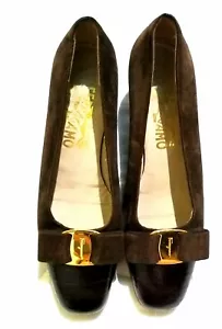 Salvatore Ferragamo Brown Suede Leather Captoe Vara Bow Shoes Sz5C - Picture 1 of 11