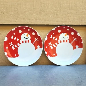 2 Crate & Barrel Snowman Dessert Cookie Plates Red White 7" Novelty Replacement  - Picture 1 of 5