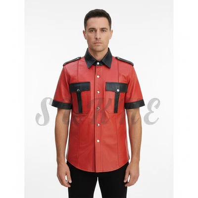 Camisa de cuero genuino premium para hombre roja negra estilo uniforme camisas de cuero nueva Foto 1 de 4
