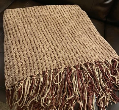 Restoration Hardware Chenille Fringe Throw Blanket Heavy Tan Beige Red Stripe - Image 1 of 4
