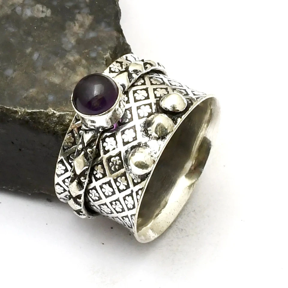 Anillo giratorio de amatista hecho a mano con piedras preciosas para boda talla 9 de EE. UU. AR 39961 Foto 1 de 1
