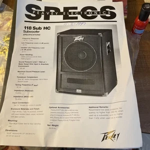Peavey Electronics Specs 118 Sub HC Subwoofer Specifications Owner's Manual 1994 - Bild 1 von 3