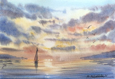 Obra de Arte Original Pintura Moderna Paisaje Barco de Pescador Solitario Arte Paisaje Marino A5 Foto 1 de 4