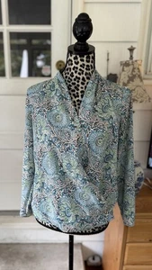Talbots blau grün Blumendruck Surplice drapierter Ausschnitt Bluse Top Gr 6p - Bild 1 von 10